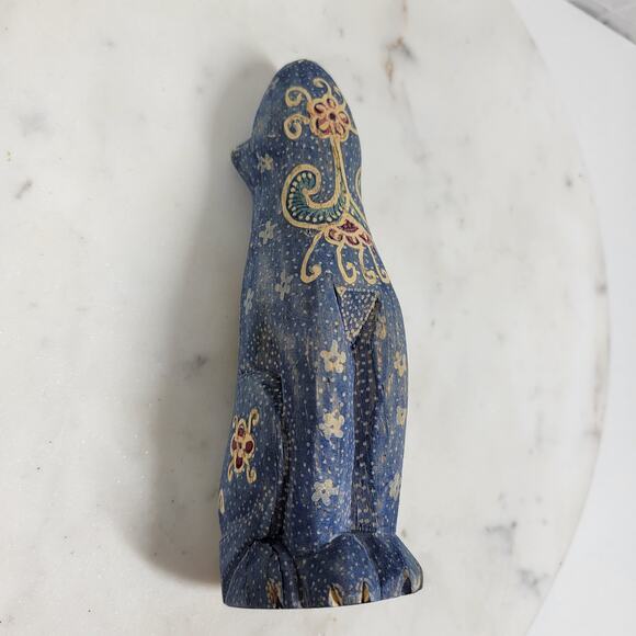 VTG Wooden Cat Shelf Sitter 6" Blue Hand Made Carved Painted Paisley Floral - Picture 5 of 16